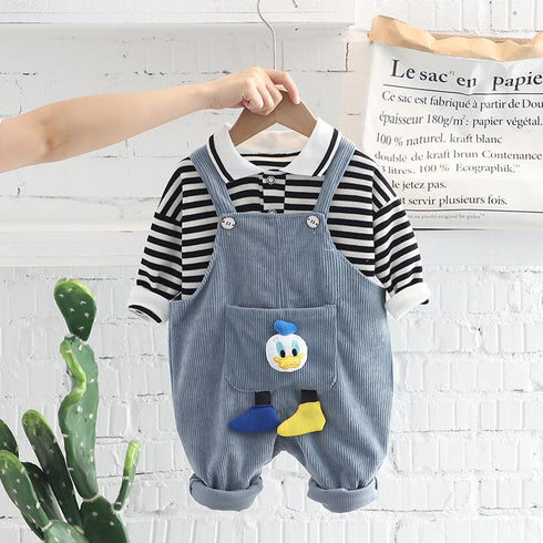 Casual Suspenders Two-piece Set Boy's Lapel Stripe Long Sleeve Suit